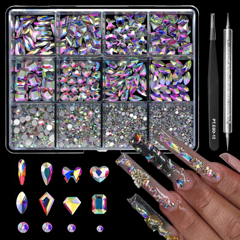 Cycullinyt 1660Pcs Crystal AB Nail Art Rhinestones: 8 Types of Multi Shapes Diamonds + 4 Sizes Flatback DIY Crafts Rhinestone Crystals 3D Glass Stones Set + Tweezer + Pickup Pen - Image 1
