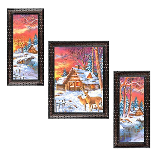 Indianara Set of 3 Nature Framed Art Painting (3268GB) without glass 6 X 13, 10.2 X 13, 6 X 13 INCH - Image 1