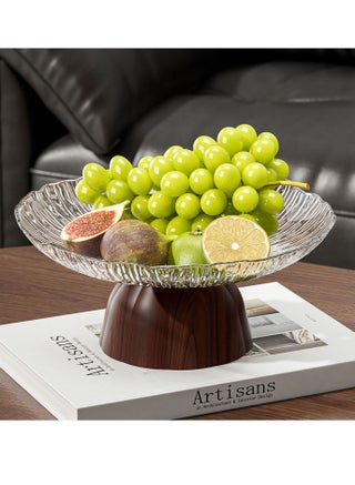 Glass Fruit Bowl, Wood Pedestal Decorative Bowl for Home Decor, Large Fruit Bowl for Kitchen Counter, Key Bowl for Entryway Table, Centerpiece Decor, Minimalist Modern Decor - view 2