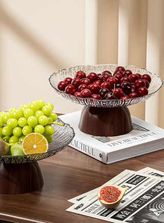 Glass Fruit Bowl, Wood Pedestal Decorative Bowl for Home Decor, Large Fruit Bowl for Kitchen Counter, Key Bowl for Entryway Table, Centerpiece Decor, Minimalist Modern Decor - view 3