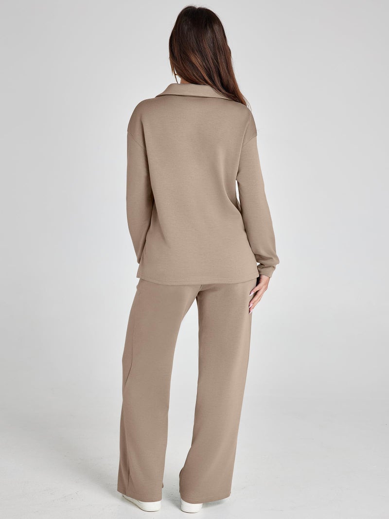 Glamaker Women's 2 Piece Sets Outfits Casual Loose Long Sleeve Polo Top and Wide Leg Pants Matching Sweat Sets (Camel XL) - Image 4