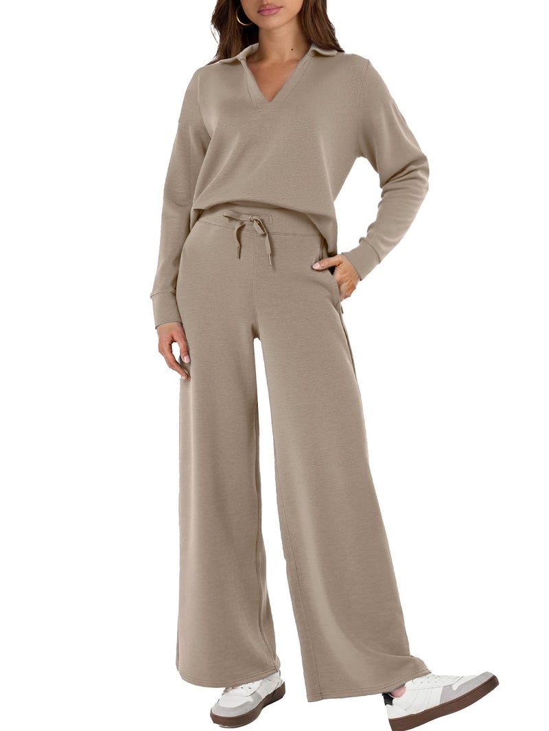Glamaker Women's 2 Piece Sets Outfits Casual Loose Long Sleeve Polo Top and Wide Leg Pants Matching Sweat Sets (Camel XL) - Image 1