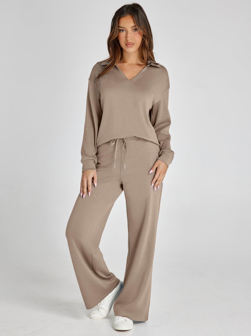 Glamaker Women's 2 Piece Sets Outfits Casual Loose Long Sleeve Polo Top and Wide Leg Pants Matching Sweat Sets (Camel XL) - Image 2