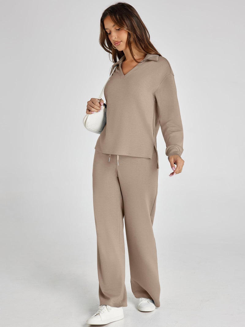 Glamaker Women's 2 Piece Sets Outfits Casual Loose Long Sleeve Polo Top and Wide Leg Pants Matching Sweat Sets (Camel XL) - Image 3