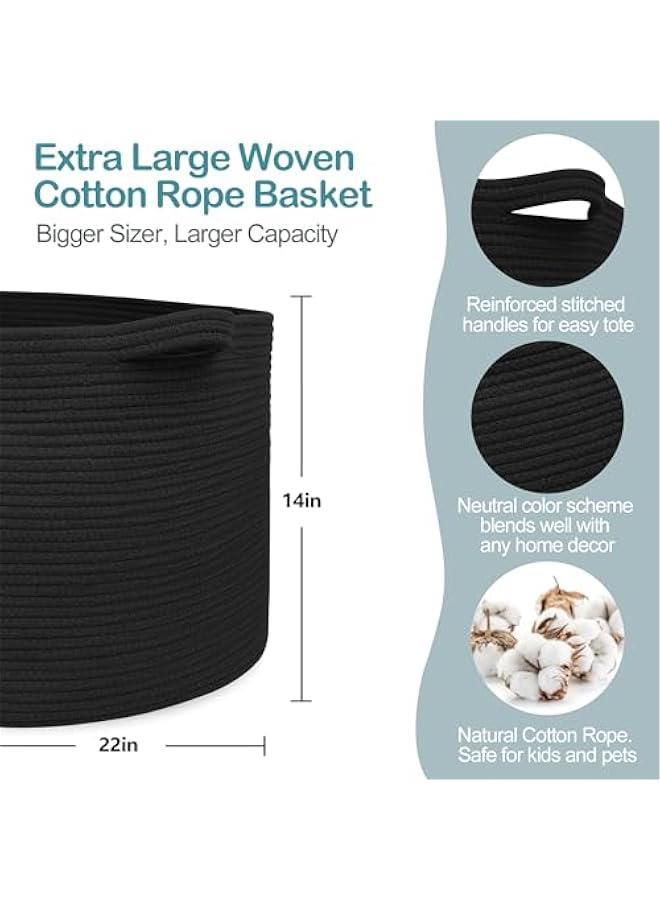 Arabest Large Black Blanket Basket, 22 X 22 X 14 Woven Rope Bin for Storage, Kids Dog Toy Storage Box Organizer Bins, Blanket Holder for Living Room, Decorative Wicker Basket for Organizing - Image 2