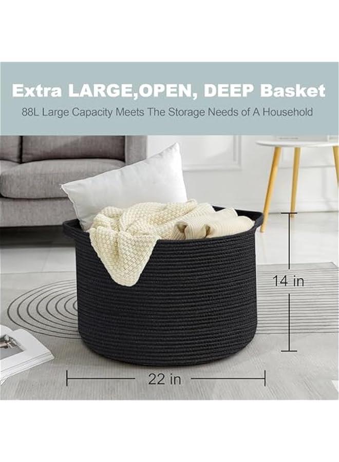 Arabest Large Black Blanket Basket, 22 X 22 X 14 Woven Rope Bin for Storage, Kids Dog Toy Storage Box Organizer Bins, Blanket Holder for Living Room, Decorative Wicker Basket for Organizing - Image 3