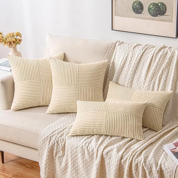 Guffaw Corduroy Pillow Covers Boho Decorative Spliced Throw Pillow Covers Soft Solid Couch Pillowcases Cross Patchwork Cushion Covers for Living Room Bed Sofa 16x16 inch (3, Cream) - Image 3