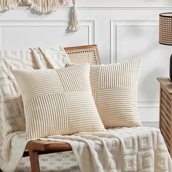 Guffaw Corduroy Pillow Covers Boho Decorative Spliced Throw Pillow Covers Soft Solid Couch Pillowcases Cross Patchwork Cushion Covers for Living Room Bed Sofa 16x16 inch (3, Cream) - Image 5