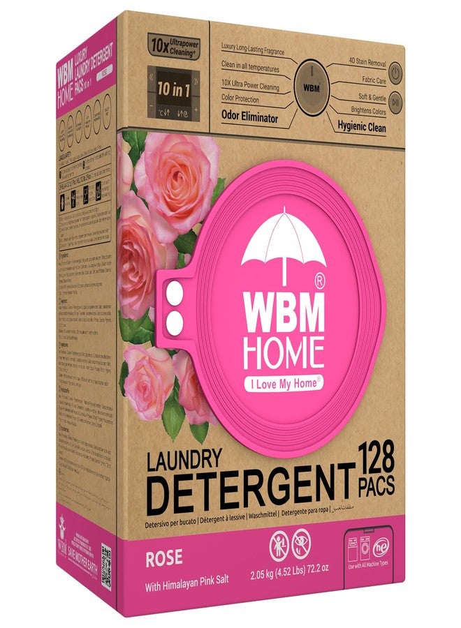 WBM W Home 5-in-1 Laundry Pods, Total 128 Count, High Efficiency, Ultra Concentrate with Powerful Stain Lifter Technology, Fabric Softener With Rose Extracts, Detergent Pods, 32 Count/Each (Pack of 4) - Image 1