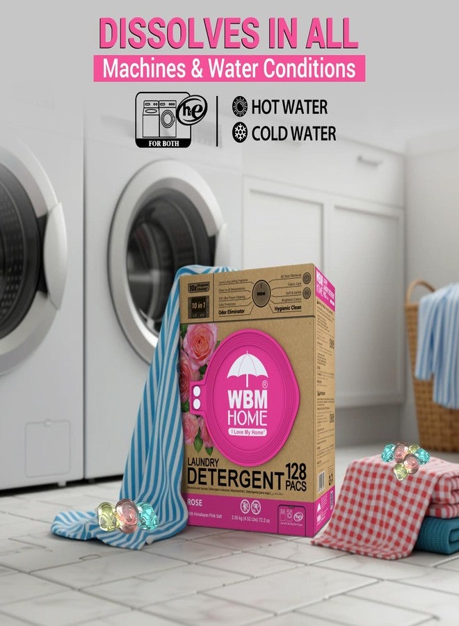 WBM W Home 5-in-1 Laundry Pods, Total 128 Count, High Efficiency, Ultra Concentrate with Powerful Stain Lifter Technology, Fabric Softener With Rose Extracts, Detergent Pods, 32 Count/Each (Pack of 4) - Image 5