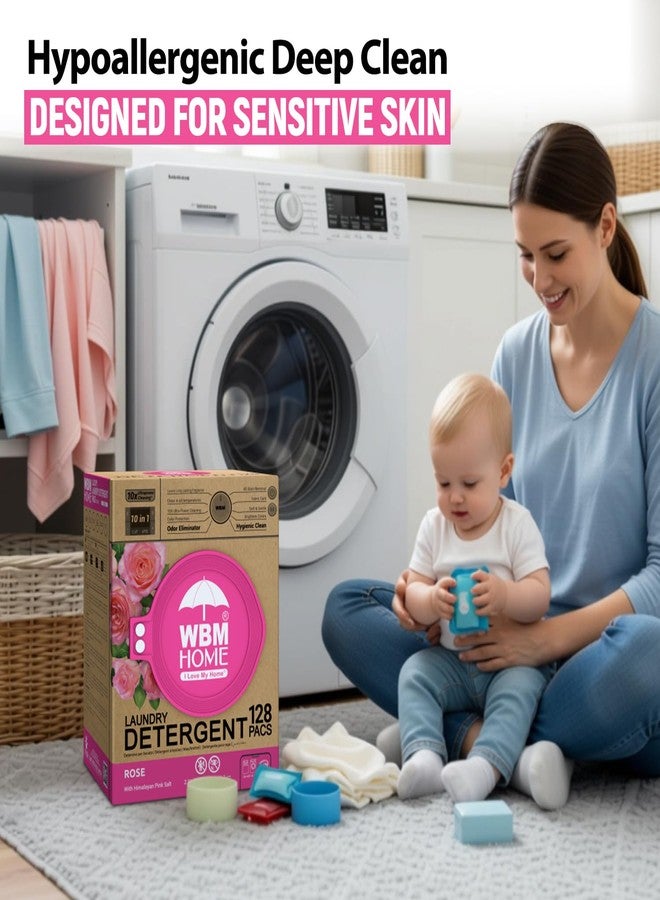 WBM W Home 5-in-1 Laundry Pods, Total 128 Count, High Efficiency, Ultra Concentrate with Powerful Stain Lifter Technology, Fabric Softener With Rose Extracts, Detergent Pods, 32 Count/Each (Pack of 4) - Image 3