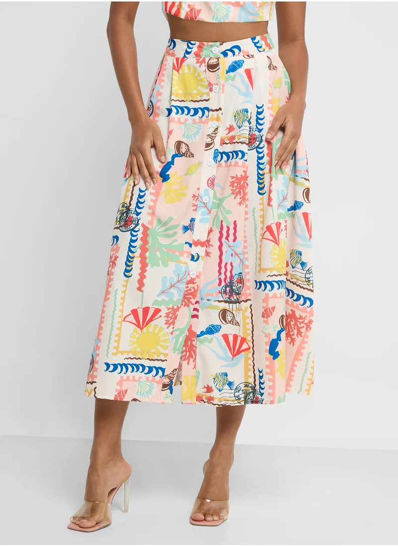 Ginger Halter Neck Top & Maxi Skirt In Tropical Print