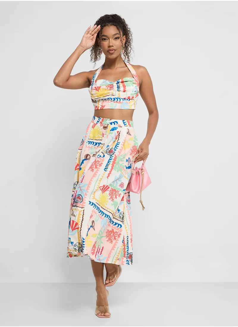 Ginger Halter Neck Top & Maxi Skirt In Tropical Print
