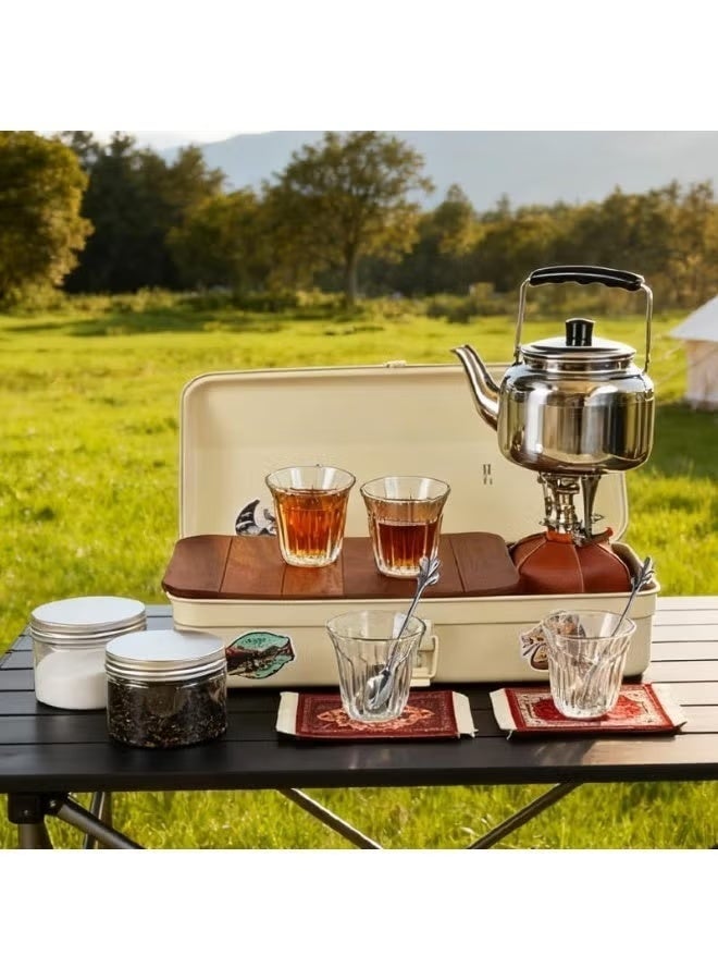 BlueFire Portable Camping Tea Set with Metal Storage Box All in One Outdoor Kettle Mini Gas Stove 4 Cups Travel Tea Kit Compact Camping Cookware Set for Desert Camping Picnic Road Trip White - Image 1