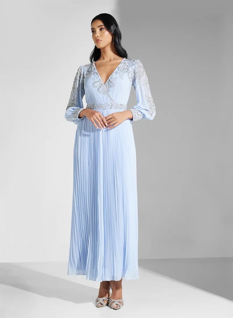 Amelia Rose Embellished Pleated Maxi Dress