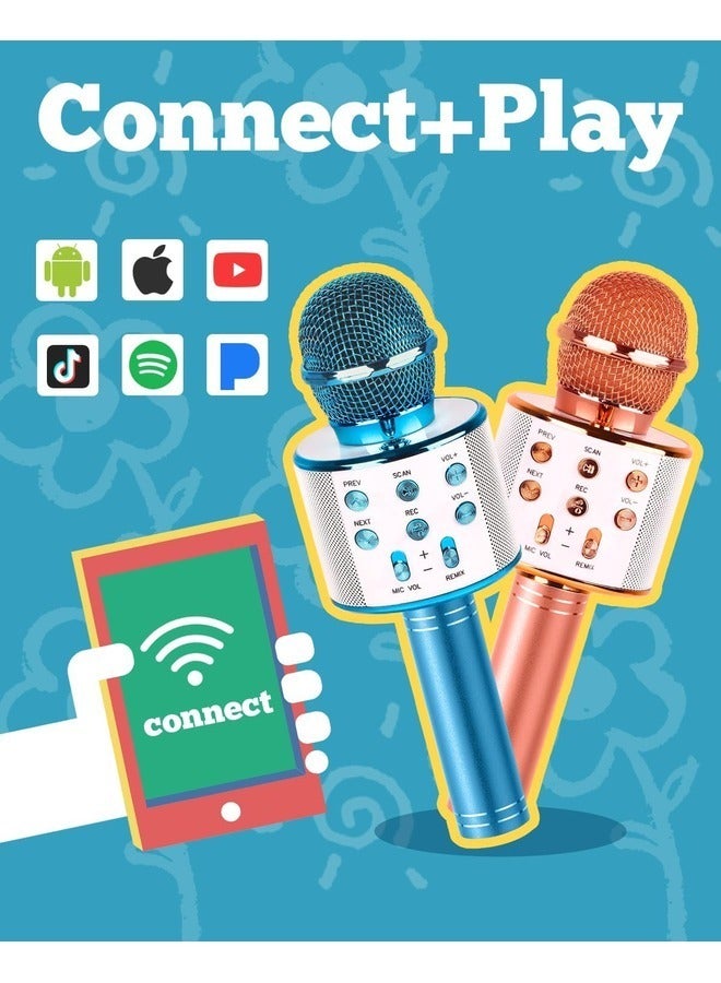 2-Pack Kids Karaoke Microphones - Portable Bluetooth Singing Toys for Girls and Boys, Ideal Birthday Gifts (Blue & Rose Gold) - Image 4