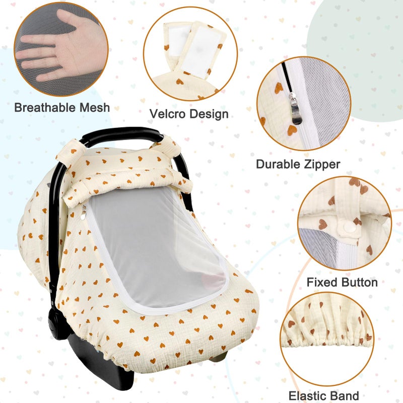 Hooyax Muslin Car Seat Cover Baby, Summer Car Seat Covers for Babies, Infants, and Newborns, Ultra Soft Breathable Universal Fit Stroller Carseat Canopy Covers for Boys Girls (Heart) - Image 4