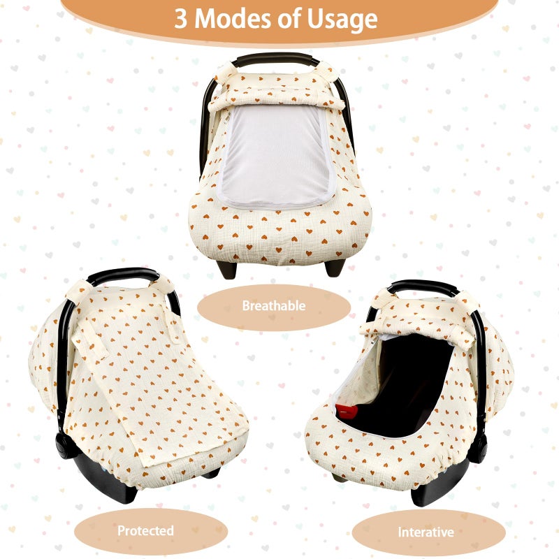 Hooyax Muslin Car Seat Cover Baby, Summer Car Seat Covers for Babies, Infants, and Newborns, Ultra Soft Breathable Universal Fit Stroller Carseat Canopy Covers for Boys Girls (Heart) - Image 5