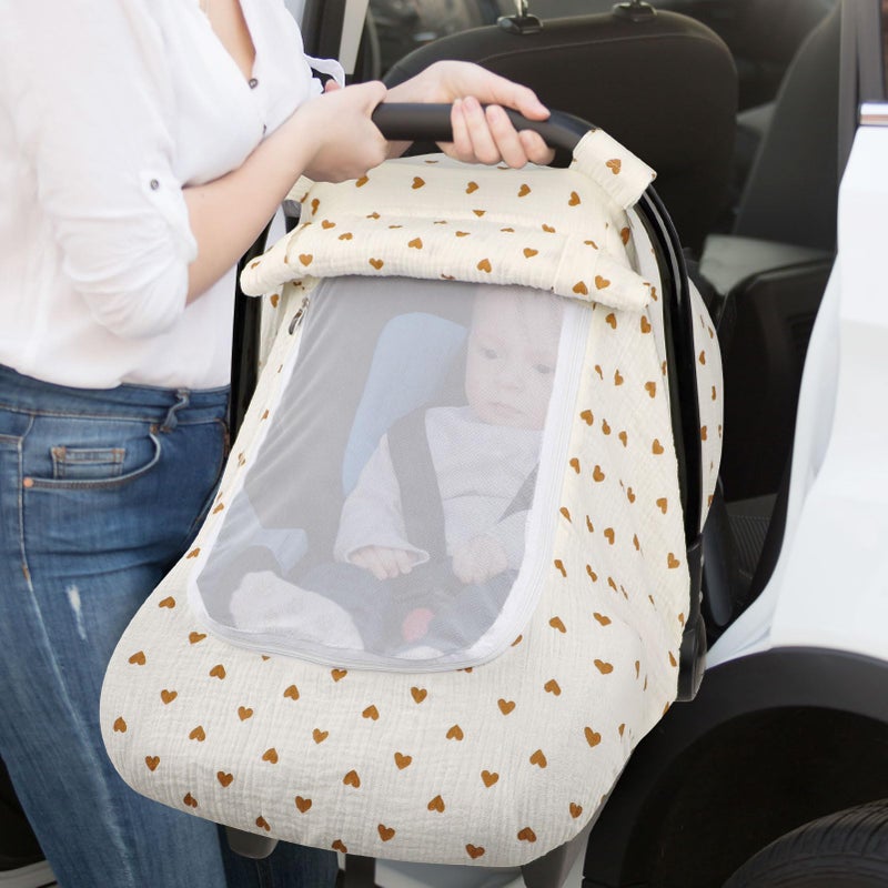 Hooyax Muslin Car Seat Cover Baby, Summer Car Seat Covers for Babies, Infants, and Newborns, Ultra Soft Breathable Universal Fit Stroller Carseat Canopy Covers for Boys Girls (Heart) - Image 3