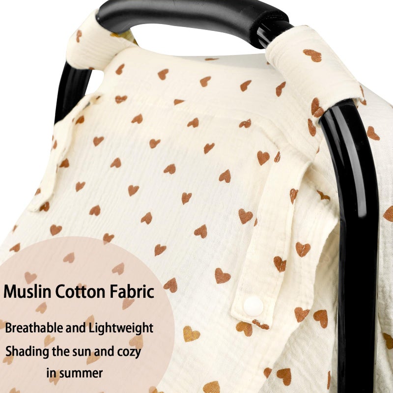 Hooyax Muslin Car Seat Cover Baby, Summer Car Seat Covers for Babies, Infants, and Newborns, Ultra Soft Breathable Universal Fit Stroller Carseat Canopy Covers for Boys Girls (Heart) - Image 2