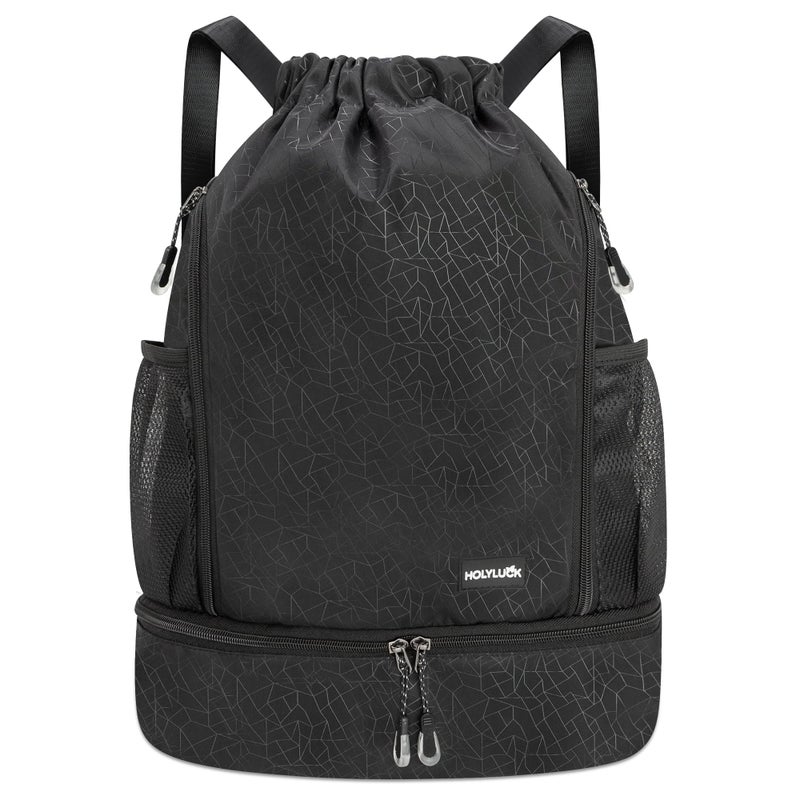 HOLYLUCK Drawstring Backpack with Shoe Compartment Gym Bag Backpack for Men Women Cinch Swim Beach Bag String Sports Bag for Soccer and Basketball Black - Image 2