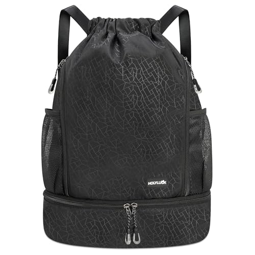 HOLYLUCK Drawstring Backpack with Shoe Compartment Gym Bag Backpack for Men Women Cinch Swim Beach Bag String Sports Bag for Soccer and Basketball Black - Image 1