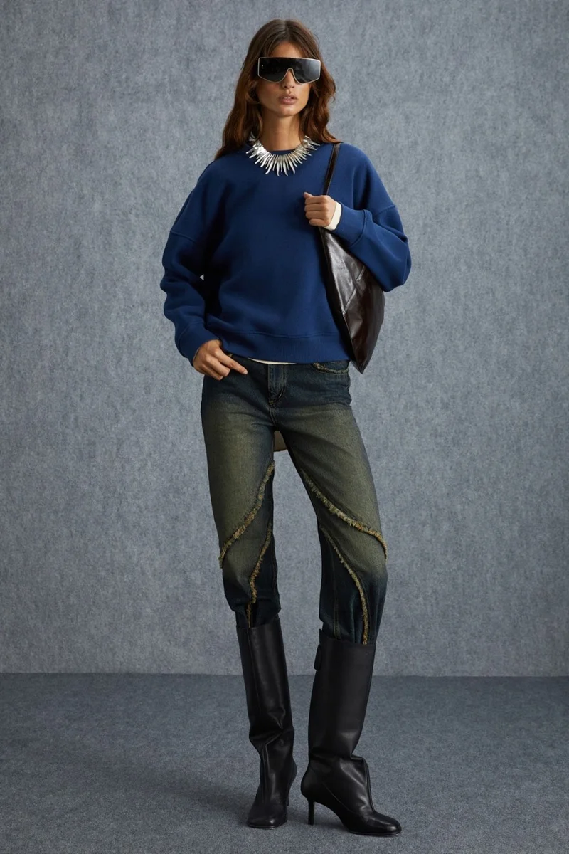 GRIMELANGE VANELTINA Women's Crew Neck Fleece Oversize Fit Basic Navy Blue Sweatshirt
