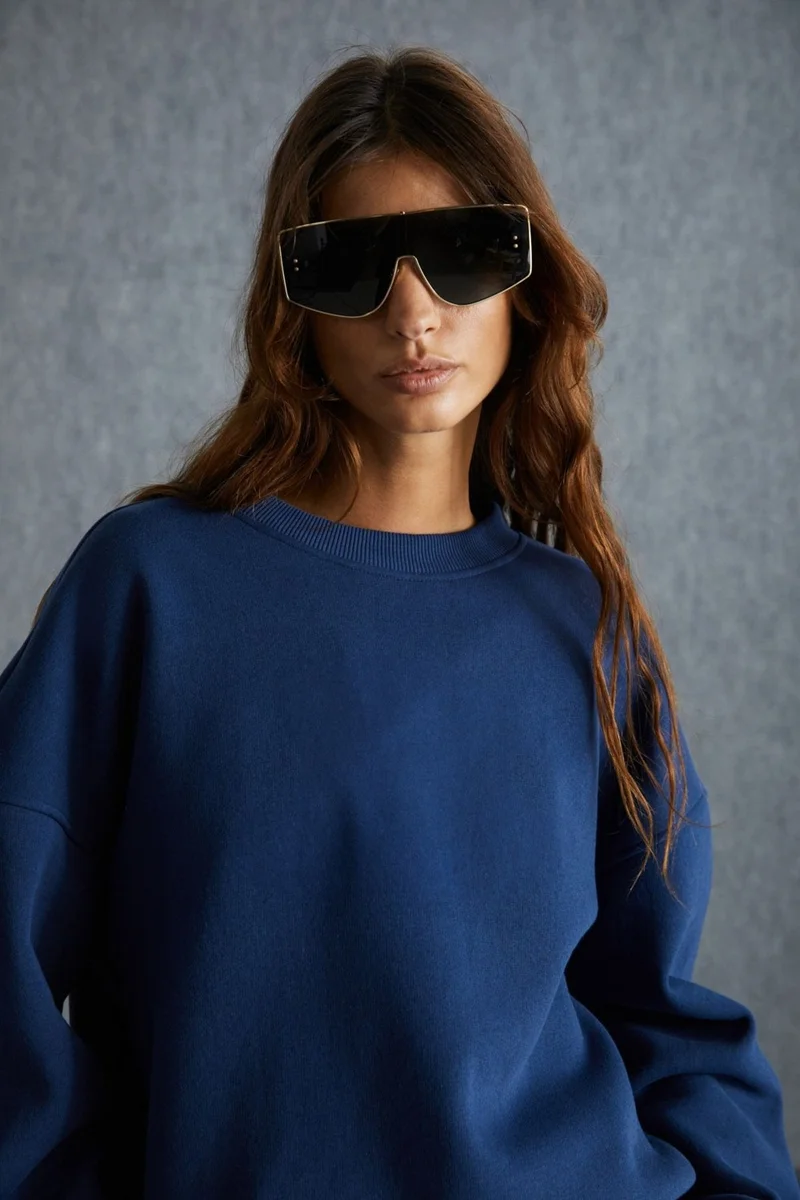 GRIMELANGE VANELTINA Women's Crew Neck Fleece Oversize Fit Basic Navy Blue Sweatshirt
