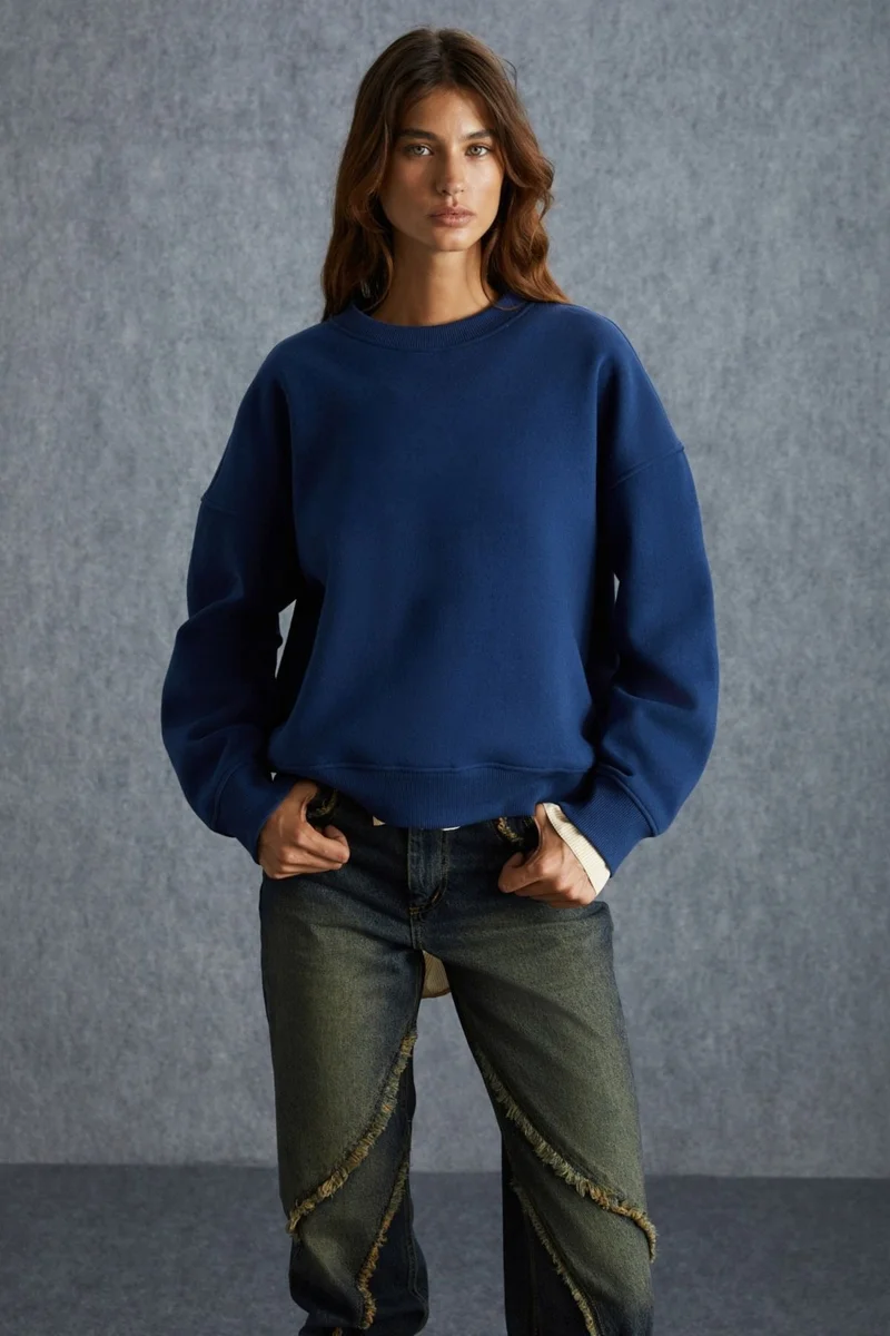 GRIMELANGE VANELTINA Women's Crew Neck Fleece Oversize Fit Basic Navy Blue Sweatshirt
