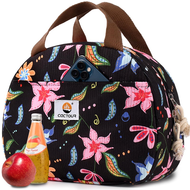 CaCTOUR Lunch Bag Lunch Box for Women Girls Teens, Cute Lunch Box Cooler Bag,Portable Small Reusable Corduroy Insulated LunchBox for Work/Travel/Picnic/School (Print Pink) - Image 1