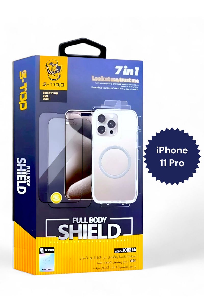 S-TOP Full protection package for iPhone 11 Pro, with a privacy screen protector and a case that supports wireless charging (MagSafe). Complete protection for your device against scratches and drops (7in1). The new and original package from S-TOP.