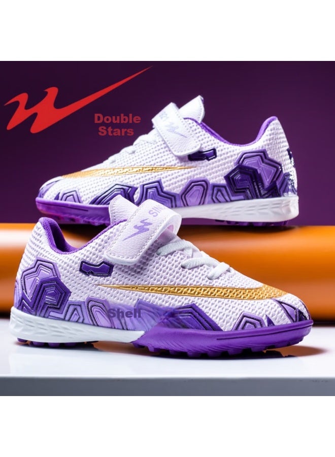 Shuangxing Children's Soccer Shoes Tf Turf Cleats Summer Lightweight Non-slip Wear-resistant Football Boots For Students And Teenagers, White And Purple, Size 36