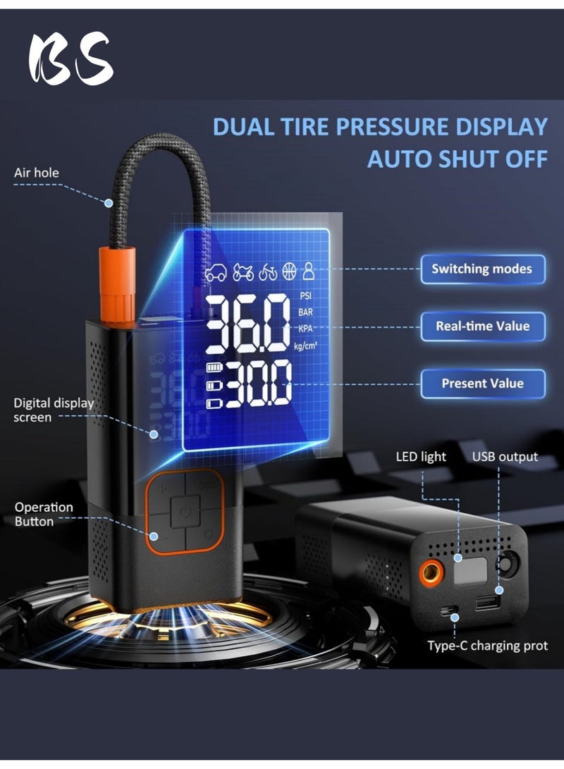 بي إس ضاغط هواء لنفخ الإطارات (4 فوهات) | منفاخ إطارات السيارات | منفاخ إطارات رقمي | مضخة دراجات محمولة لاسلكية | مزودة بشاشة رقمية مزدوجة لعرض الضغط | مضخة إطارات سيارات بقوة 150 رطل لكل بوصة مربعة مع ضوء LED | مناسبة للسيارات والدراجات النارية والدراجات الهوائية والكرات والمراتب الهوائية وألعاب حمامات السباحة وأكياس التفريغ الهوائي. - Image 3