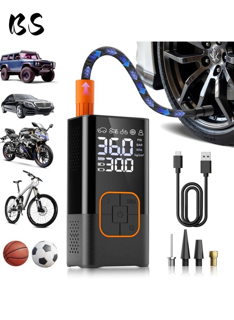 بي إس ضاغط هواء لنفخ الإطارات (4 فوهات) | منفاخ إطارات السيارات | منفاخ إطارات رقمي | مضخة دراجات محمولة لاسلكية | مزودة بشاشة رقمية مزدوجة لعرض الضغط | مضخة إطارات سيارات بقوة 150 رطل لكل بوصة مربعة مع ضوء LED | مناسبة للسيارات والدراجات النارية والدراجات الهوائية والكرات والمراتب الهوائية وألعاب حمامات السباحة وأكياس التفريغ الهوائي. - Image 1