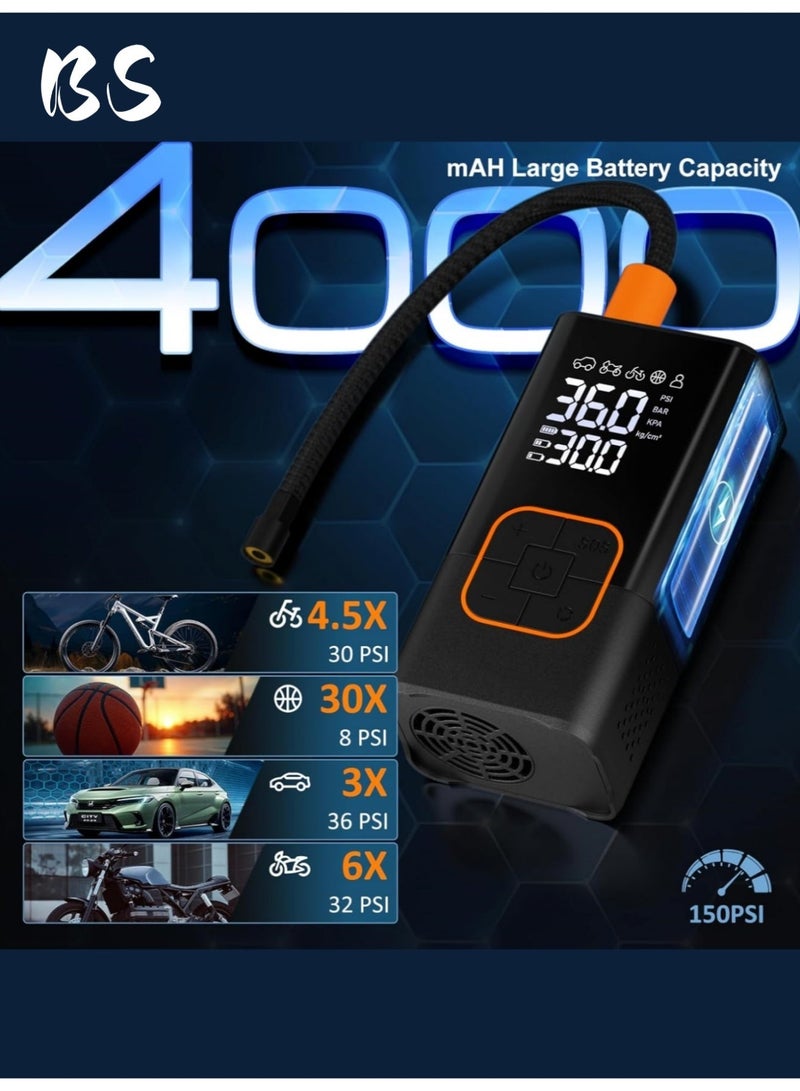 بي إس ضاغط هواء لنفخ الإطارات (4 فوهات) | منفاخ إطارات السيارات | منفاخ إطارات رقمي | مضخة دراجات محمولة لاسلكية | مزودة بشاشة رقمية مزدوجة لعرض الضغط | مضخة إطارات سيارات بقوة 150 رطل لكل بوصة مربعة مع ضوء LED | مناسبة للسيارات والدراجات النارية والدراجات الهوائية والكرات والمراتب الهوائية وألعاب حمامات السباحة وأكياس التفريغ الهوائي. - Image 4