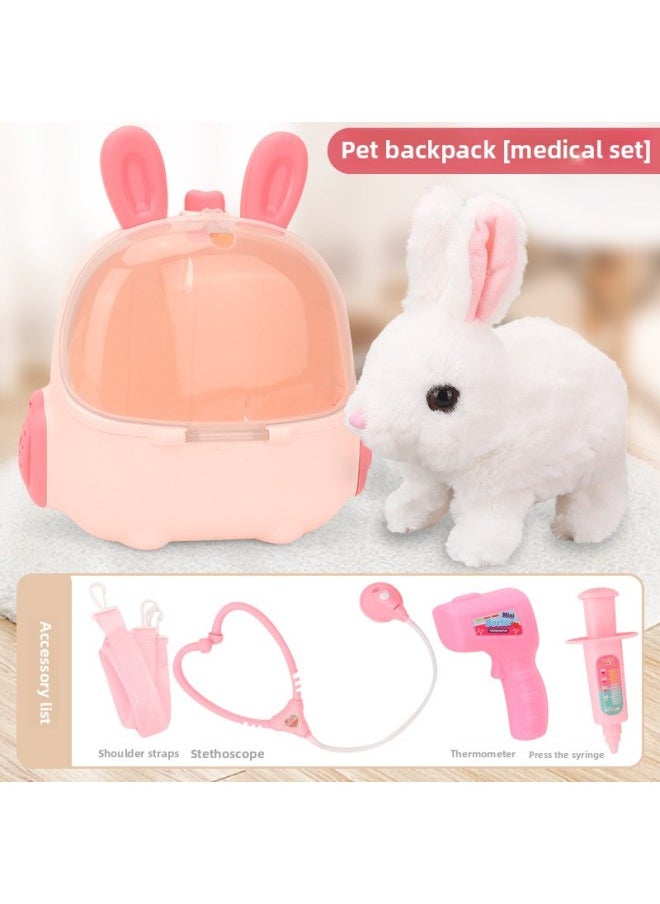 Children's Electric Simulation Backpack Rabbit Will Call Girl Pet Doll Backpack Dog Gift Puzzle Plush Toy-Color:White-medical Care Set [e-commerce Box]  - Image 1