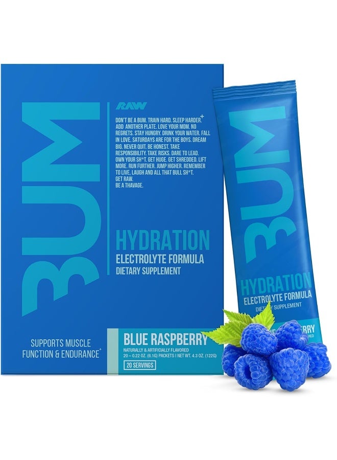 RAW Electrolytes Powder Hydration Drink Mix Packets, BUM Hydrate (Blue Raspberry, 20 Servings), Electrolyte Hydration Packets Support Muscle Function & Endurance, Keto Free Electrolytes Powder Packets - Image 1