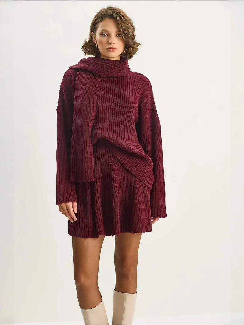 Bianco Lucci Burgundy Red LUCCI Shawl Collar Two-Piece Knitwear Set for Women | Best Price UAE