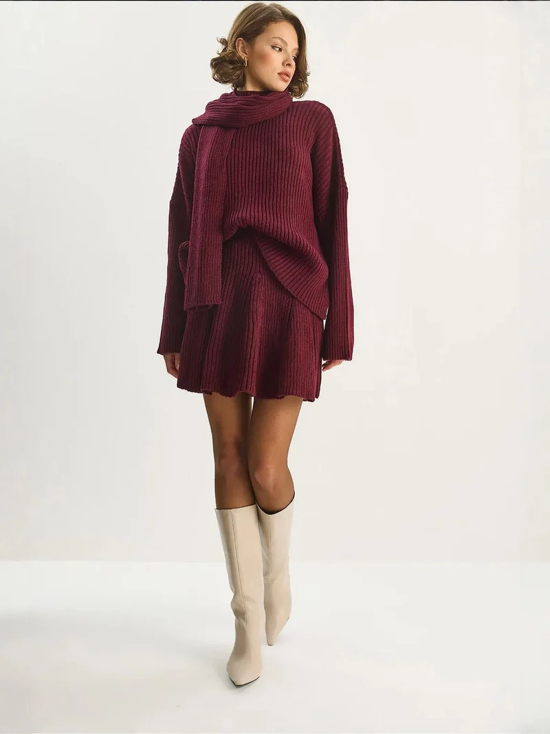 Bianco Lucci Burgundy Red LUCCI Shawl Collar Two-Piece Knitwear Set for Women | Best Price UAE