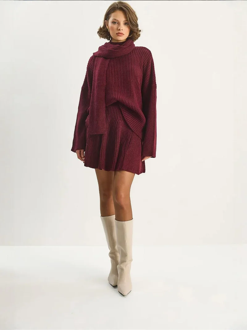 Bianco Lucci LUCCI Shawl Collar Two-Piece Knitwear Set