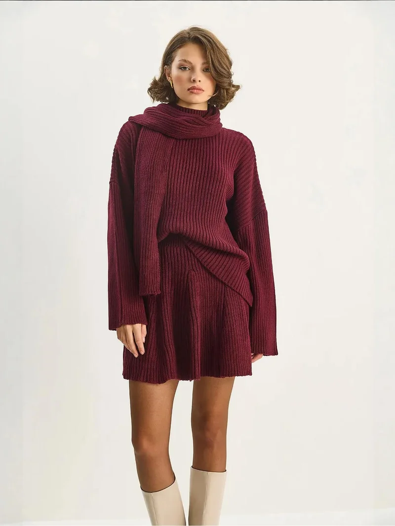 Bianco Lucci Burgundy Red LUCCI Shawl Collar Two-Piece Knitwear Set for Women | Best Price UAE