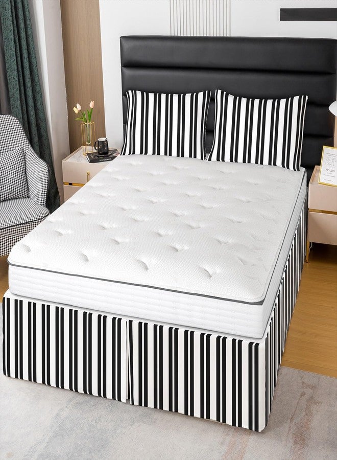 Feelyou تنورة سرير مخططة باللونين الأبيض والأسود، تنورة سرير هندسية من الألياف الدقيقة الناعمة بطول 15 بوصة لغرفة الأطفال والأولاد والبنات، تنورة سرير عصرية مكشكشة ومطويات للمراهقين بتصميم بسيط وملاءة سرير مناسبة للديكور - Image 2