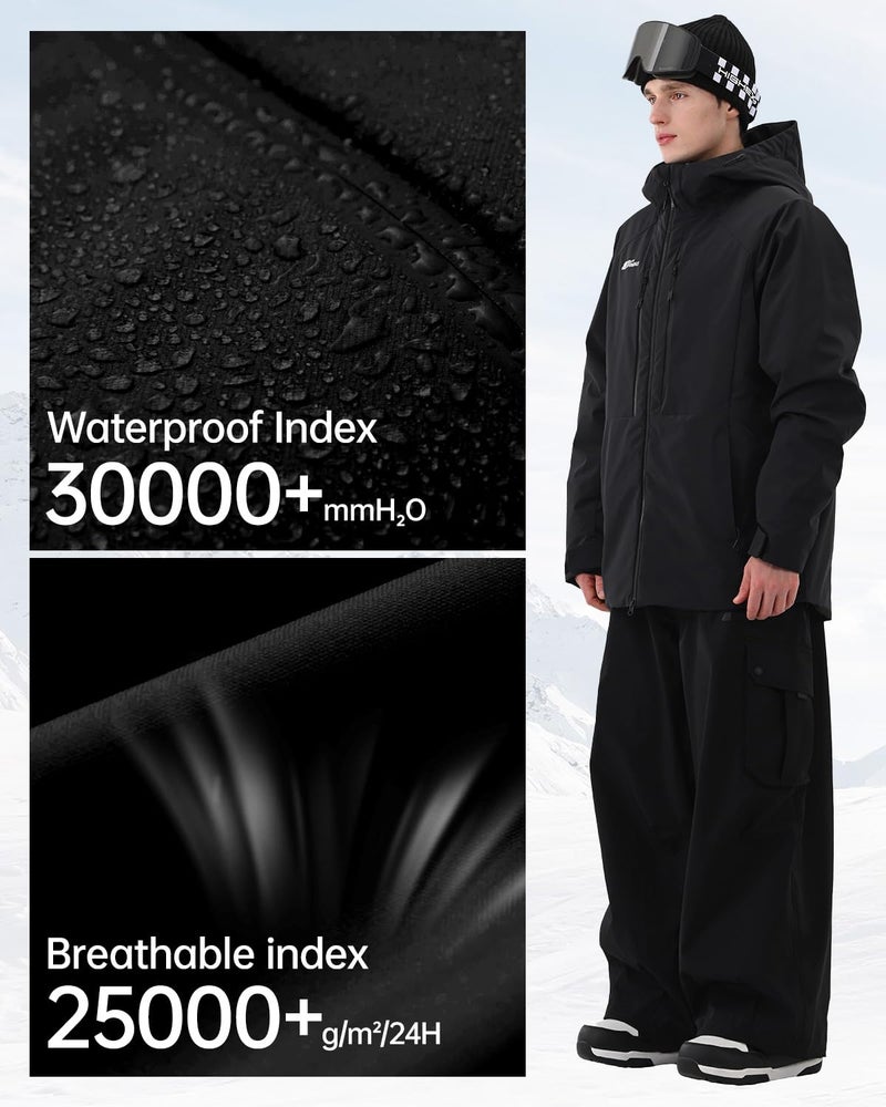 HIGH EXPERIENCE Mens Ski Jacket Snowboard 3L Coat Baggy Waterproof Windproof Warm Insulated Snow Winter Hooded (US, Alpha, Large, Regular, Regular, Black) - Image 4