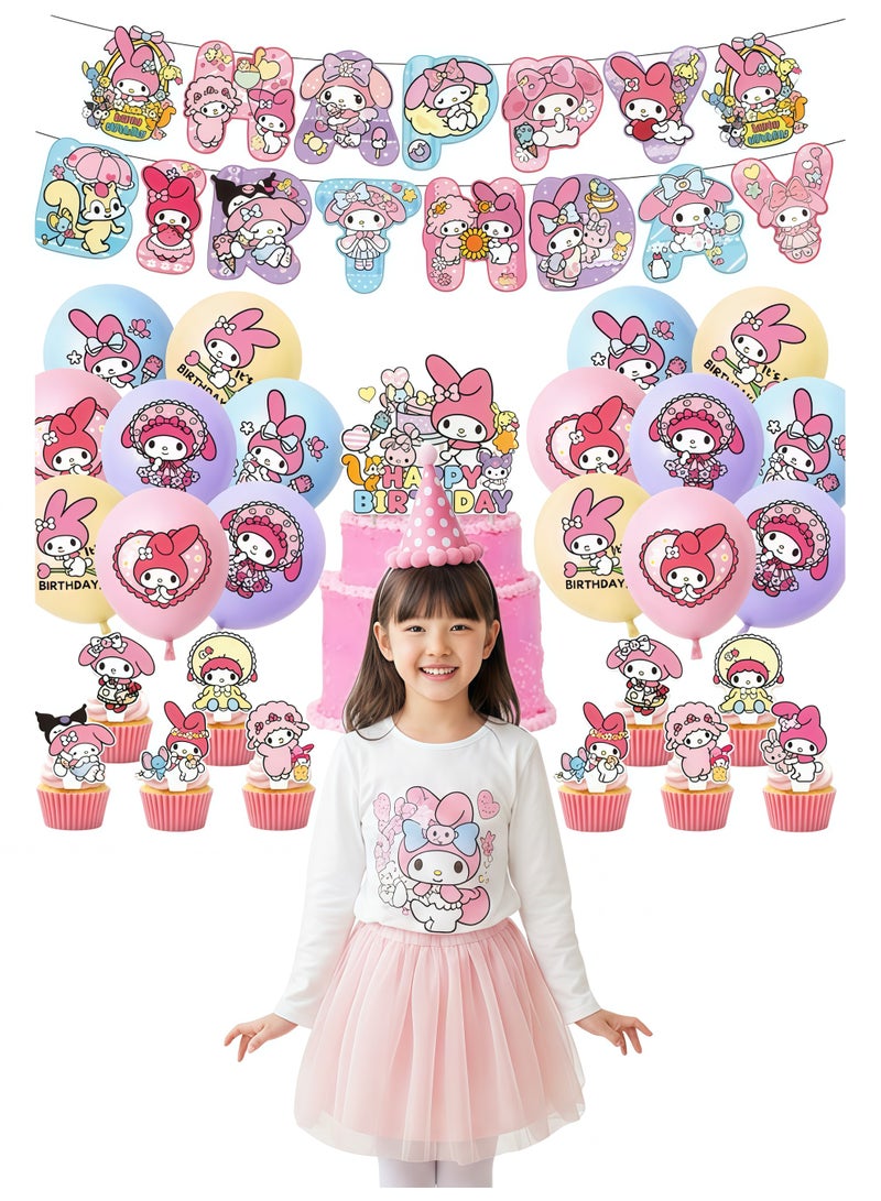 Sanrio My Melody Cartoon Birthday Decorations My Melody Birthday Party Supplies Include Happy Birthday Banner Cake Toppers Cupcake Toppers Balloons Anime Theme Birthday Party Supplies My Melody Birthday Set - Image 1