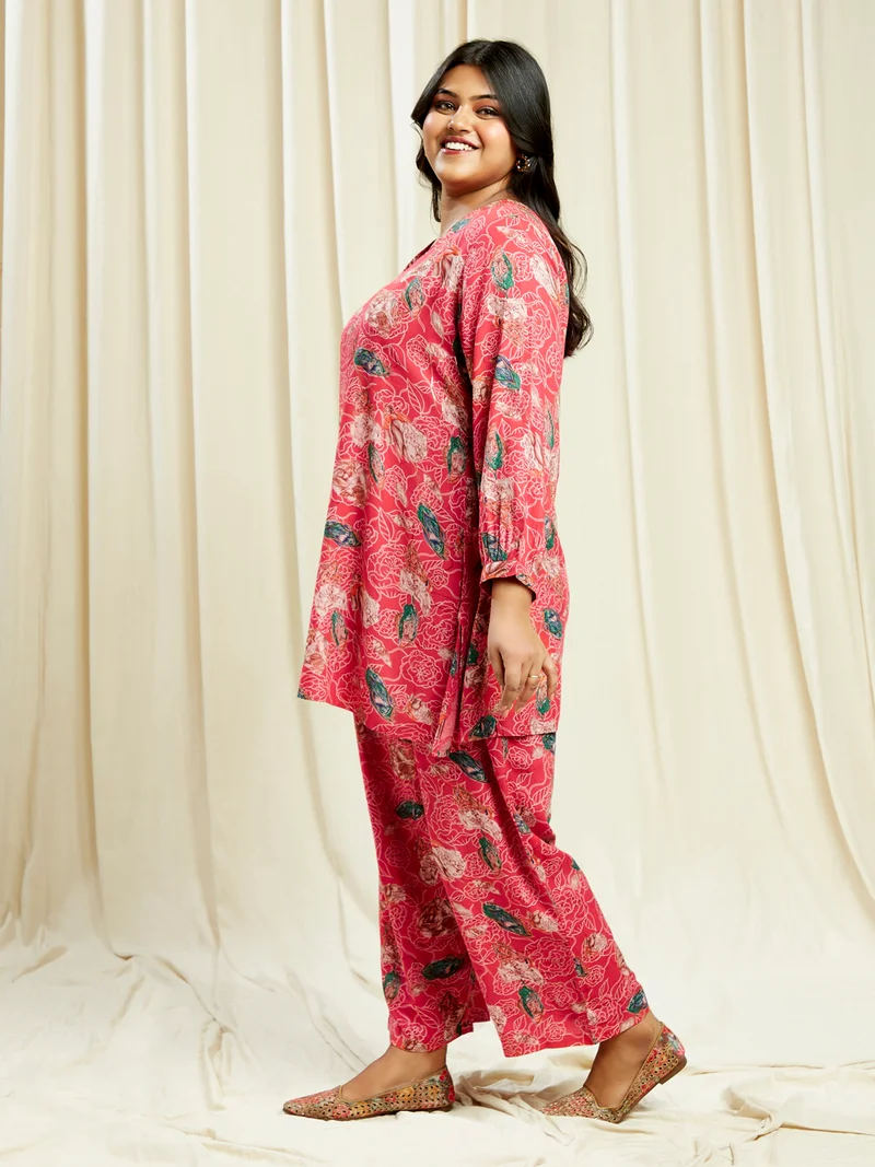 globus Globus Gloplus Women Pink V-Neck Floral Print Tunic With Wide Leg Trousers Plus Size Co-Ord Set