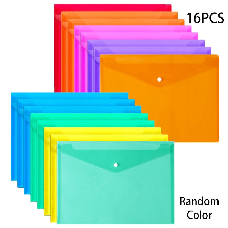 16pcs Random Color Plastic Snap Envelopes A4 Letter Poly File Folders For Papers Office School Supplies - Image 1