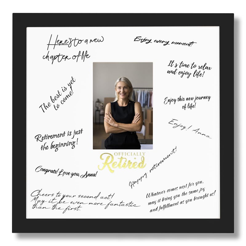 SEEBERY 13x13 Retirement Signature Frame with Plexiglass Cover - Holds 4x6 Photos - Happy Retirement Gift for Women/Men, Alternative Guest Book Autograph Frame for Party Decorations & Wall Display, Black Gold - Image 1