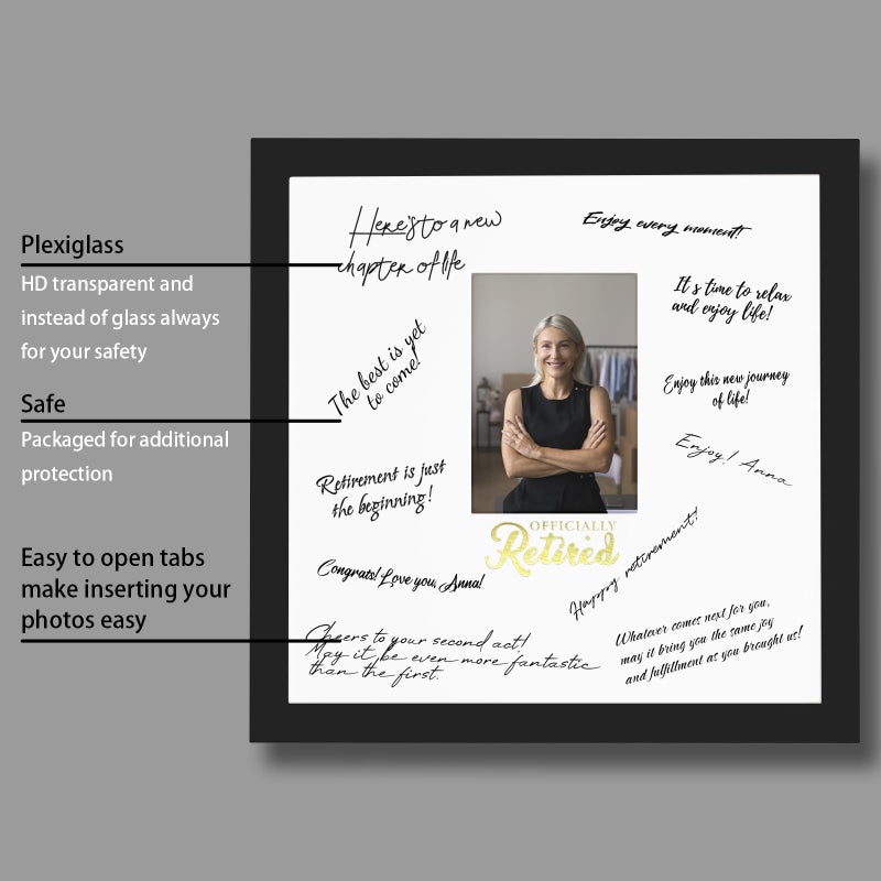SEEBERY 13x13 Retirement Signature Frame with Plexiglass Cover - Holds 4x6 Photos - Happy Retirement Gift for Women/Men, Alternative Guest Book Autograph Frame for Party Decorations & Wall Display, Black Gold - Image 4