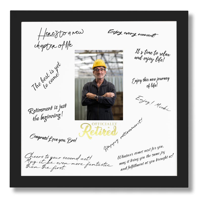 SEEBERY 13x13 Retirement Signature Frame with Plexiglass Cover - Holds 4x6 Photos - Happy Retirement Gift for Women/Men, Alternative Guest Book Autograph Frame for Party Decorations & Wall Display, Black Gold - Image 2