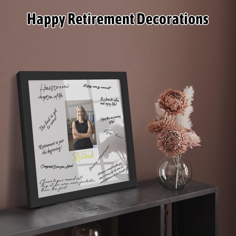 SEEBERY 13x13 Retirement Signature Frame with Plexiglass Cover - Holds 4x6 Photos - Happy Retirement Gift for Women/Men, Alternative Guest Book Autograph Frame for Party Decorations & Wall Display, Black Gold - Image 5